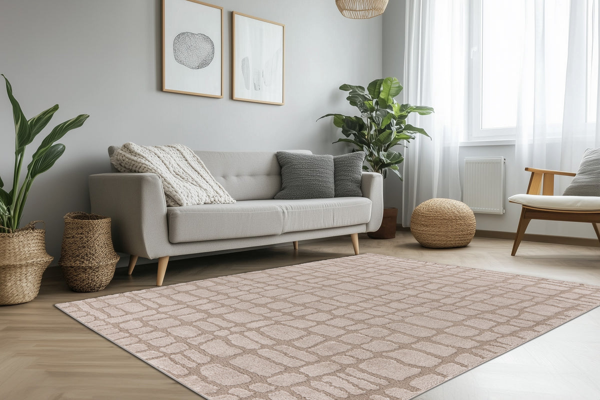 yksivärinen beige lyhytnukkainen matto lotus sisustuksessa