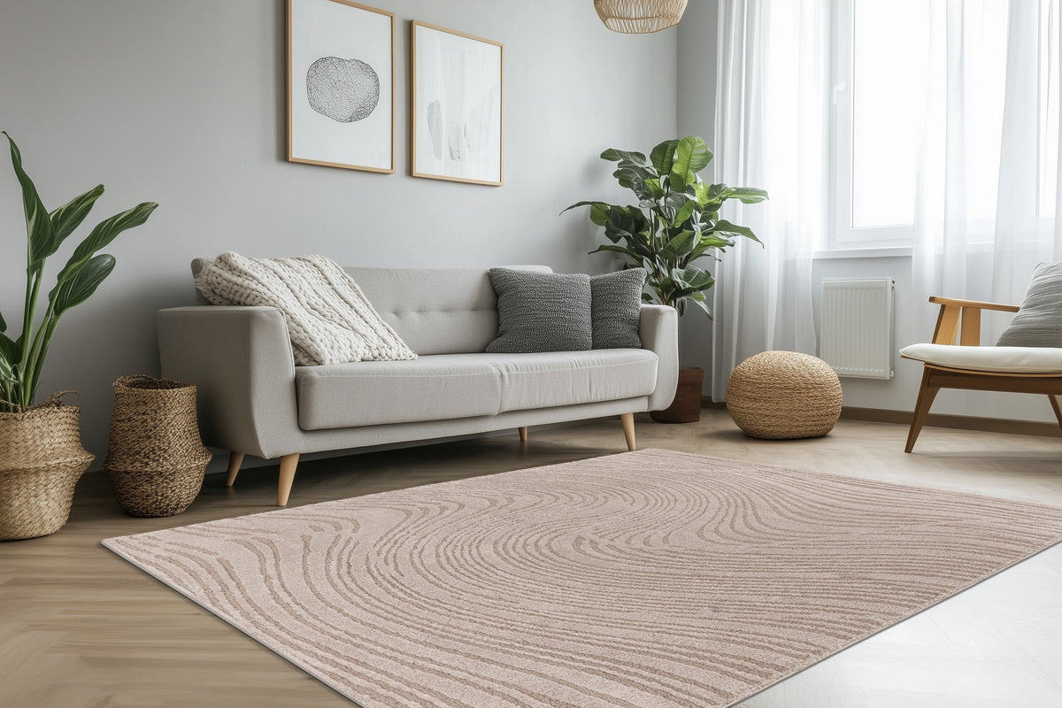 beige yksivärinen olohuoneen matto lotus sisustuksessa